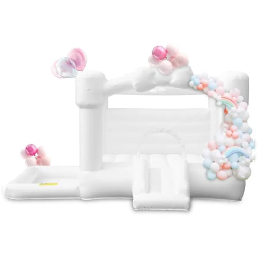 

Белый надувной батут с горкой для вечеринок, для использования в помещении и на улице, совместим с мокрым и сухим использованием, с бассейном для шариков, в комплекте с воздуходувкой