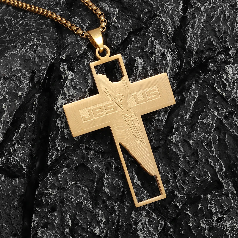 Stainless Steel Engraved Jesus Letters Christian Jesus Cross Pendant Necklace Men Women Catholic Faith Prayer Jewelry