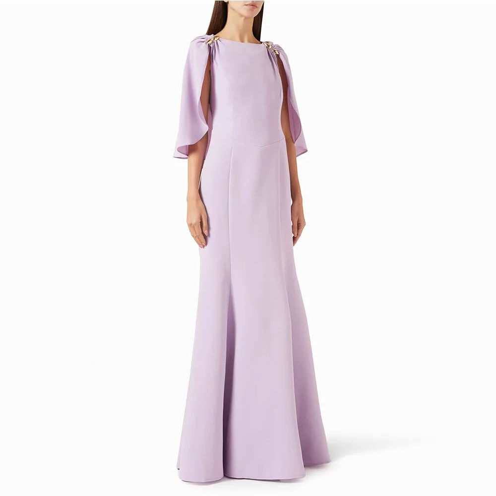 

Elegant O Neck Evening Dress For Women Floor Length Mermaid Prom Dress Cloak Sleeves Formal Party Dress Lilac Saudi Gown
