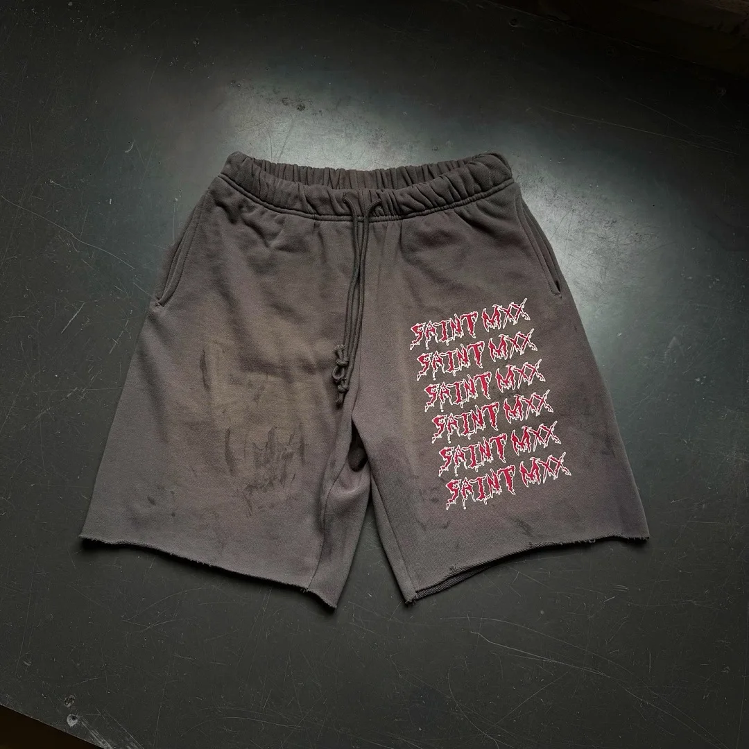 Heavy Washed Saint Loose Sweat Shorts Distressed Gothic Elastic Drawstring Waist Men Women Vintage Streetwear Jogger Shorts