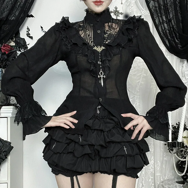 Camicette monopetto con patchwork cavo in pizzo gotico scuro Camicette da donna Abiti di moda Mall Goth Camicie con maniche svasate Top Halloween