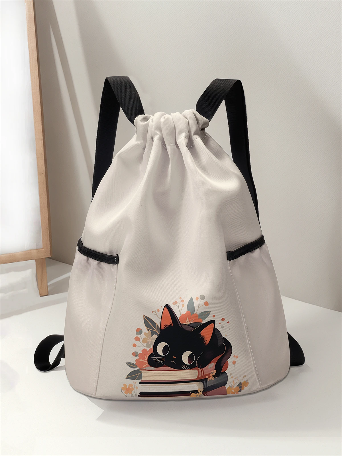 حقيبة ظهر برباط مطبوعة بنمط قطة لطيفة - حقيبة لياقة بدنية متينة ذات سعة كبيرة، حقيبة ظهر رياضية للشاطئ #1