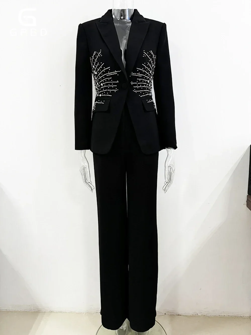 Black Blazer Pantsuits Two Piece Set Fashion Diamonds Women Single Buckle Blazer + Pants Formal Suit Outfit