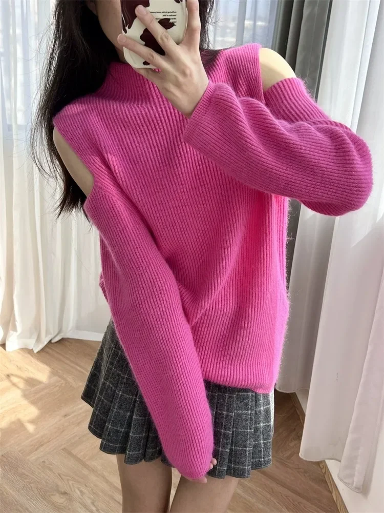 Women Pink Sweater Off-shoulder O-Neck Long Sleeve Elegant Spring 2024 Knitted Pullover