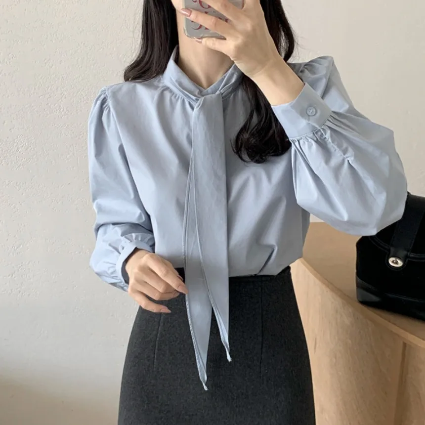 

Стильный женский топ на весну с бантом, на одной пуговице, прямого кроя, из полиэстера, в корейском стиле