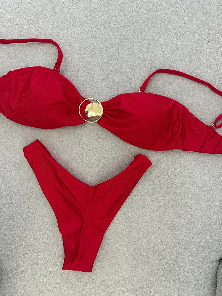 

2025 New Sexy Low Waisted Bikini Set Swimsuit Swimwear Women Solid Red Brazilian Bandeau Bathing Suit Beachwear Female biquini
