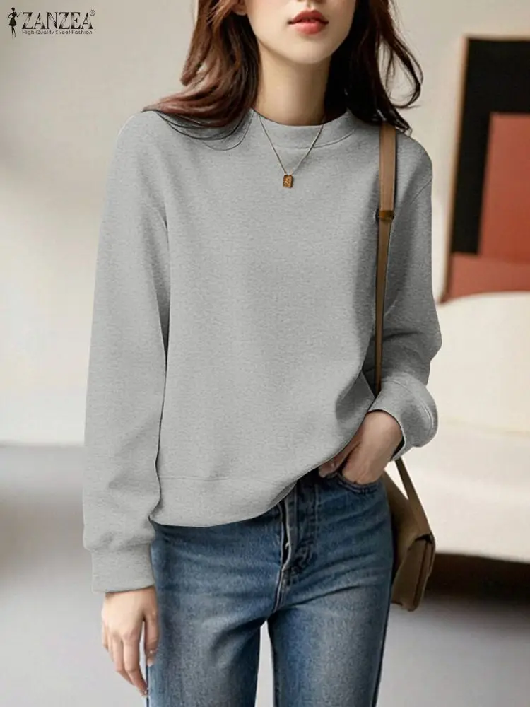 

ZANZEA, повседневные базовые однотонные толстовки для женщин, осень 2021, пуловеры с круглым вырезом и длинными рукавами, уютная повседневная одежда, женская одежда 3XL