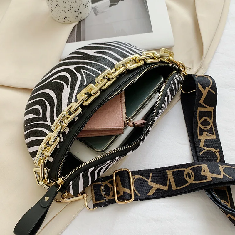 Designer Zebra Print Women Waist Bag Fashion Chain Handbags Female Shoulder Crossbody Chest Bag Suede Fanny Pack Banana Belt Bag