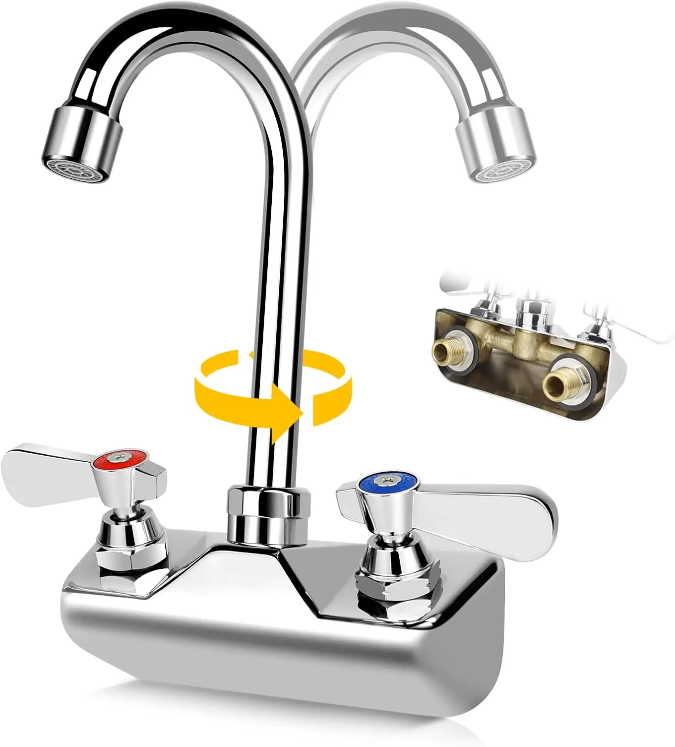 

Leak-Free Commercial Hand Sink Faucet, 4 Inch Wall Mount for Kitchen Bar Restaurant, Brass Chrome Finish with Gooseneck Spout