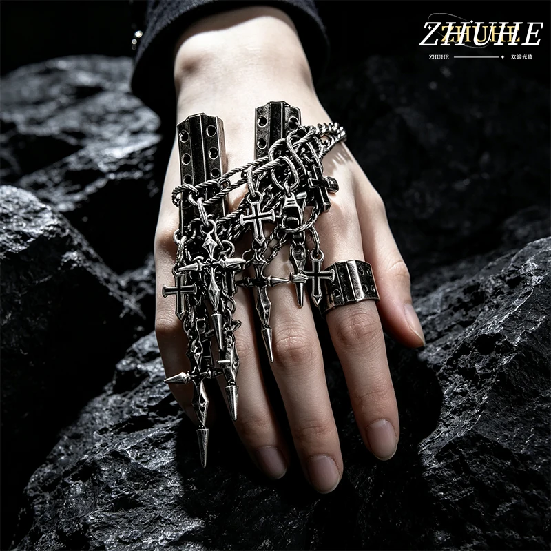 Harajuku Dark Cross Spike Fringe Fingerring aus Kupferlegierung, Schmuckzubehör für Damen und Herren, geschichtete, gedrehte Kette, offen