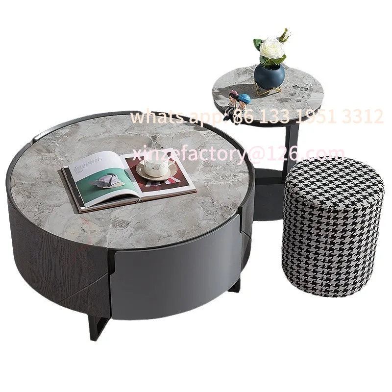 

Designer's new coffee table marble light luxury round table with drawers storage size tea table combination Italian living room