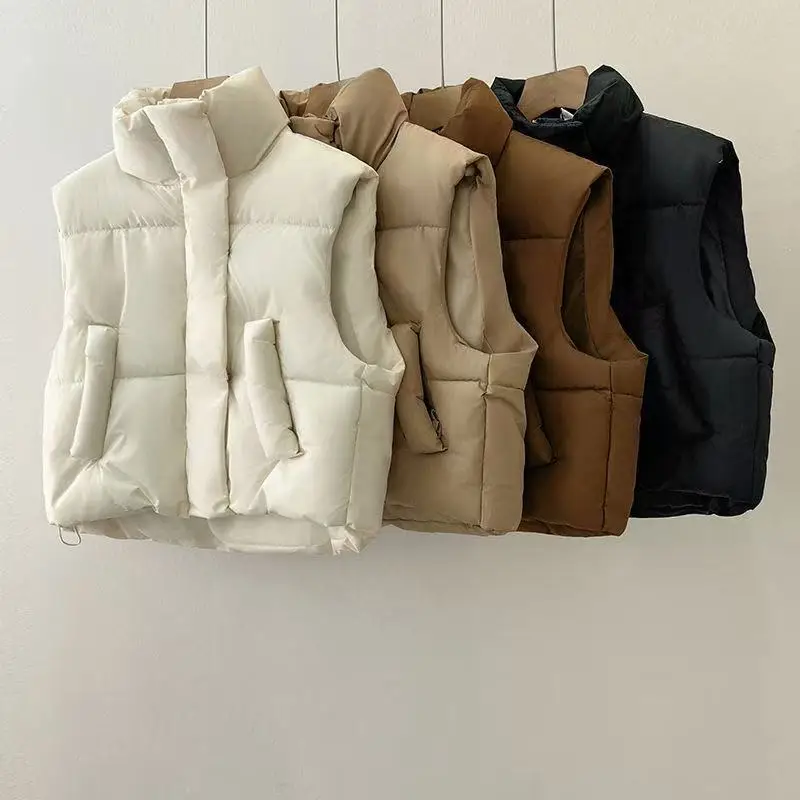 

Autumn Winter Loose Oversize Cotton Wadding Vest Woman Korean Fashion Stand Collar Sleeveless Jacket Cropped Coat Women