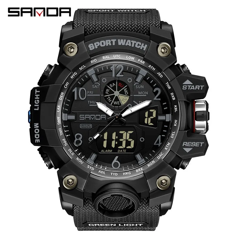 

Fashion Sanda Top Brand Outdoor Military Sport Men 50m Waterproof G Style Quartz Digital Dual Time Multi Functional WristWatches