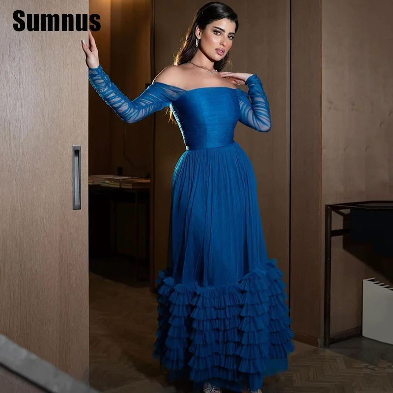 

SUMNUS Elegant Blue Tulle Evening Prom Gowns Off The Shoulder Sleeveless Tiered A-Line Party Dress Ankle Length Customized