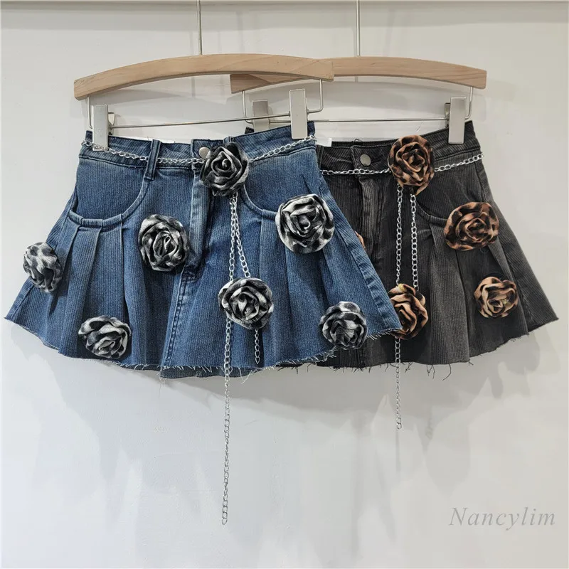 

Three-dimensional Flower Decorative Denim Pleated Short Skirt Women's Anti-light 2024 New Elastic A-shaped Jean Skirts