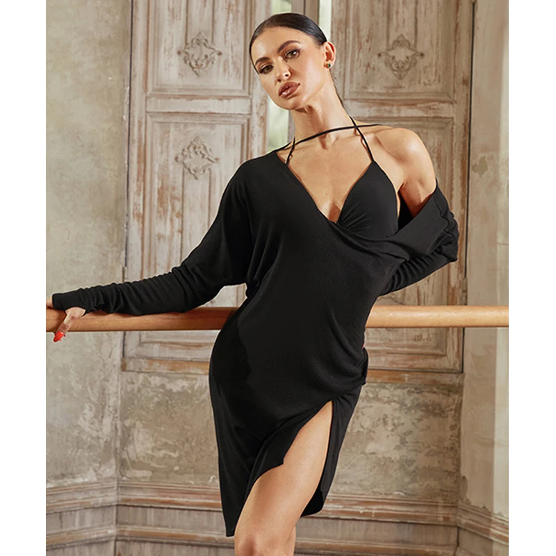 

Черное тренировочное платье нестандартной формы с длинными рукавами, танцевальный костюм для румбы, танго, платье для соревнований для взрослых, платье для латинских танцев ZYM