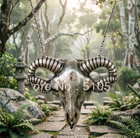 Gothic Rams Necklace Goat Head Skull Horn Pendant Skeleton Punk Goth Jewelry