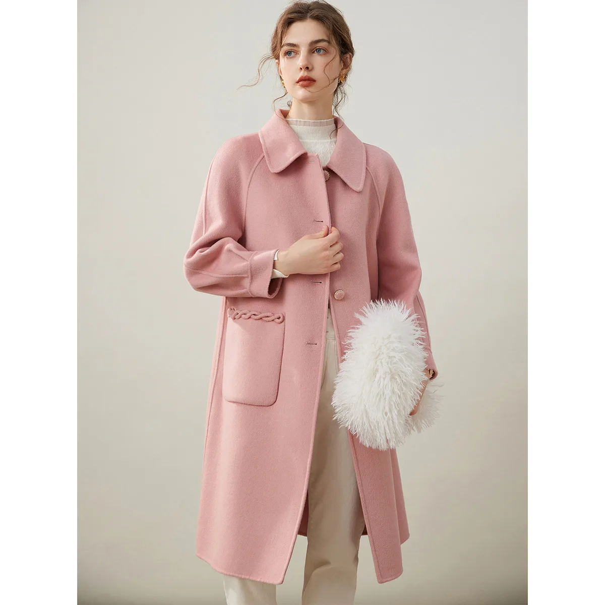 LOUIS YAO 2024 Winter Wool Blended Double-faced Coat Fashionable Age-reducing Lapel Shaped Pocket Thick Long Coat for Women