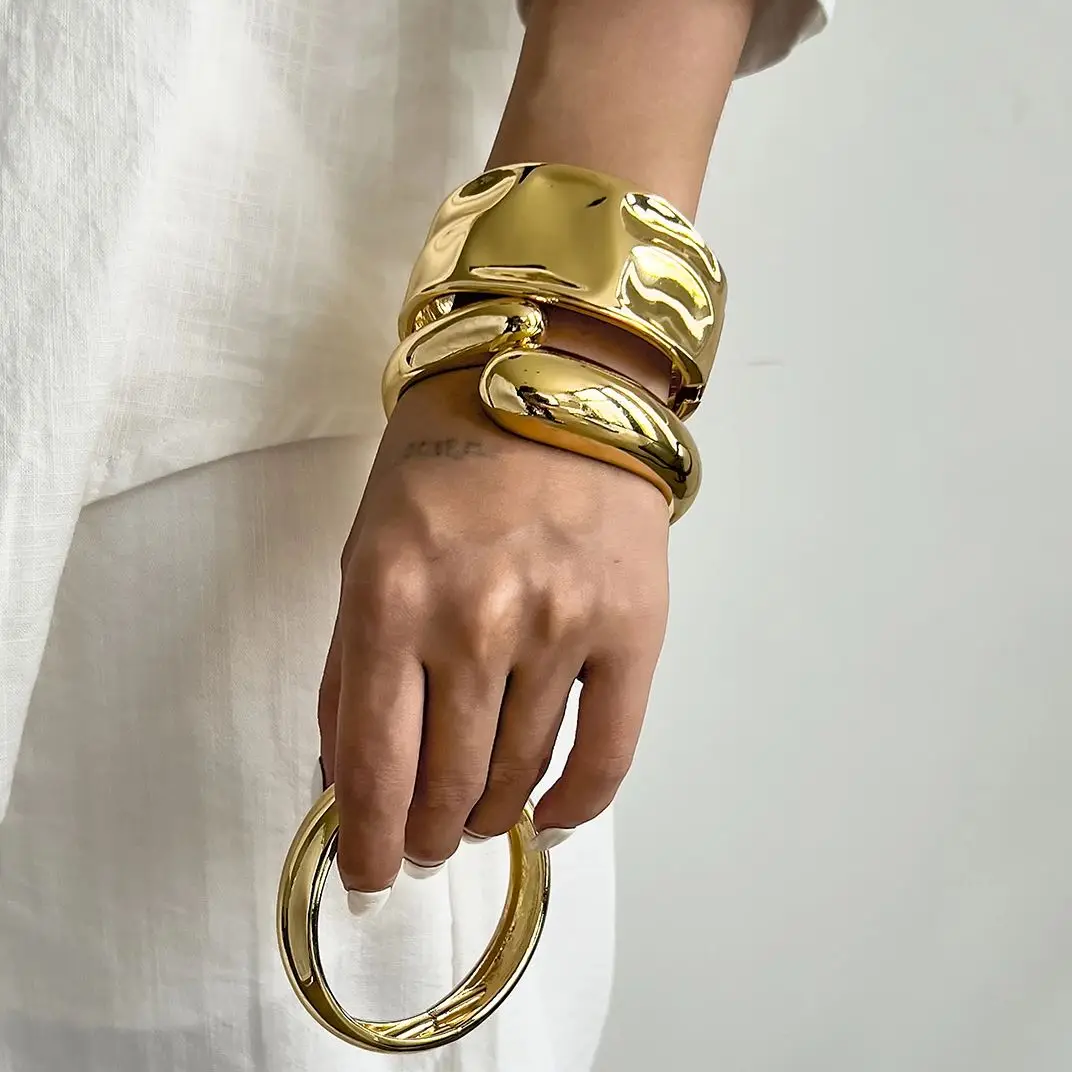 SHIXIN Glossy Geometry Waterdrop Metal Wide Spring Bangle for Women Punk Irregular Chunky Open Cuff Bracelet 2025 Trendy Jewelry