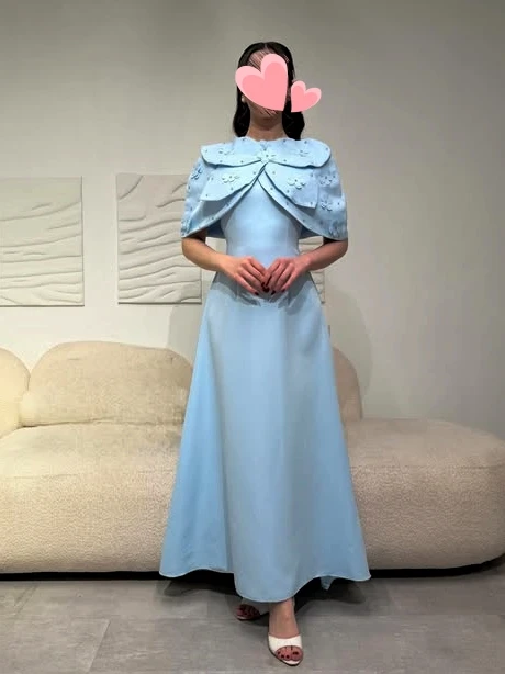 

Oisslec Prom Dress Elegant Vintage Sweet Blue Flowers Cape New Customized Formal Occasion Prom Dress Evening Party Gowns