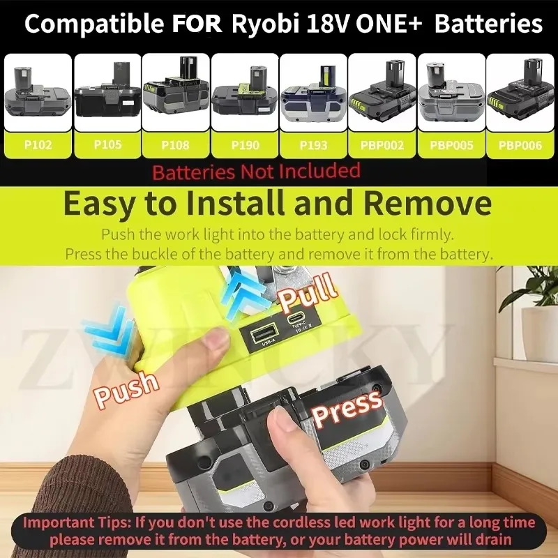 LED Work Light for Ryobi 18V Battery Rechargeable Jobsite Flashlight for Car Repair Hiking Camp Garage Emergency Lighting