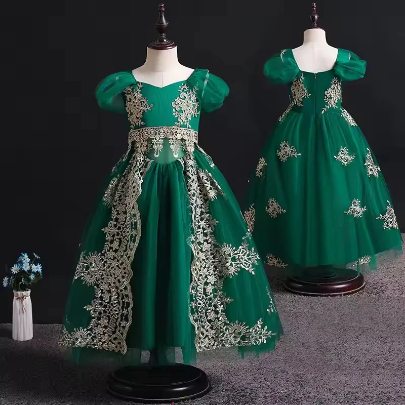 

Puff Sleeve Green St. Patrick's Day Costume Little Girls Elegant Evening Gown Birthday Party Dress Kid Embroidery Princess Dress