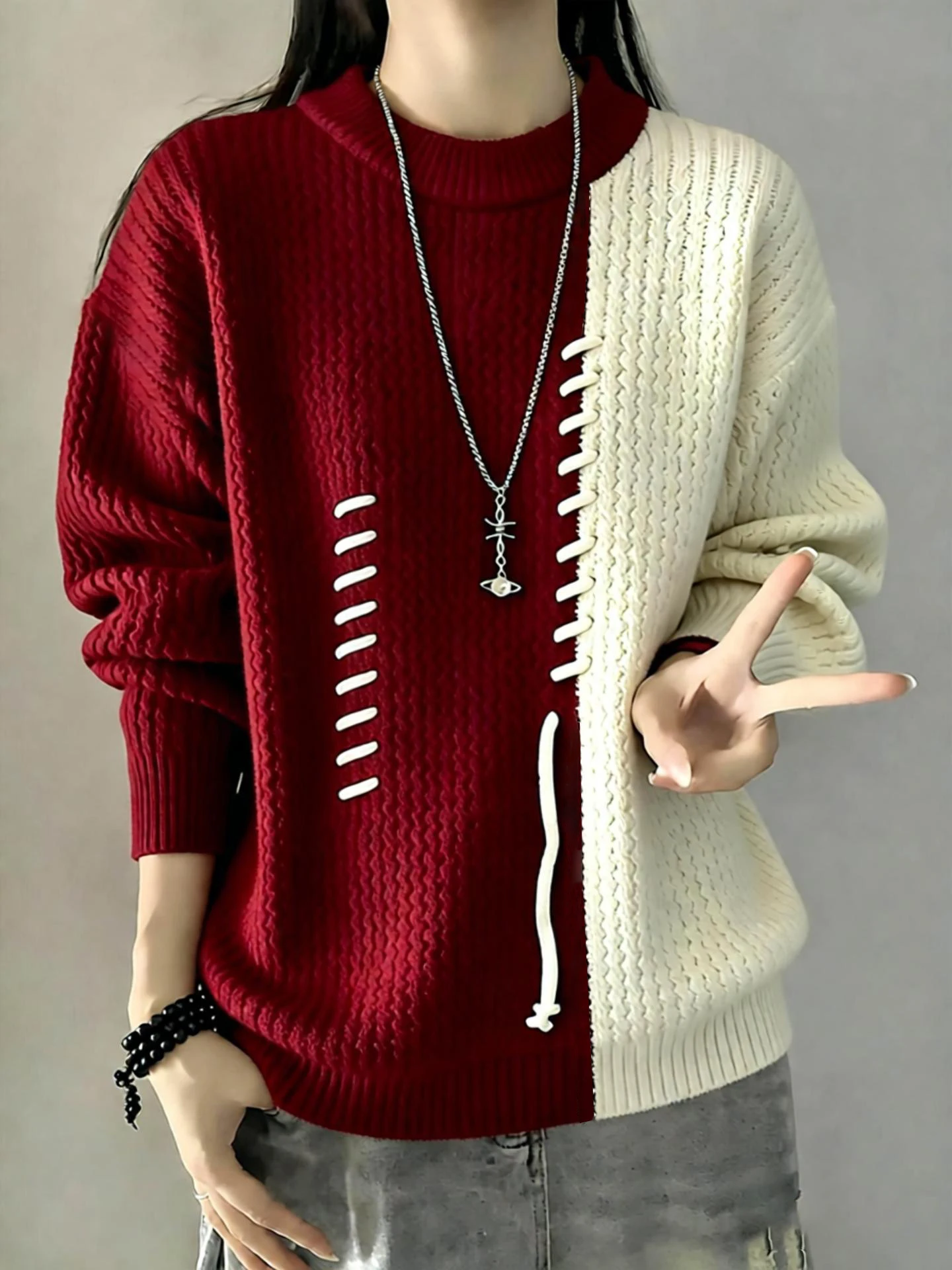 

Красный мужской зимний повседневный вязаный свитер с контрастным цветовым дизайном и новогодним узором для молодежи