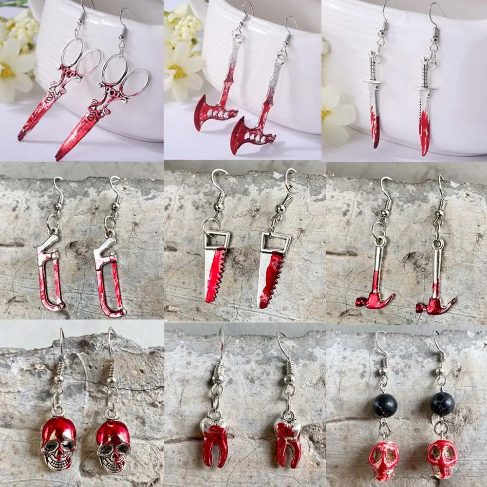 Horrible Gothic Bloody Hatchet Earrings Halloween Skull Head Design Drop Earrings Personality Scary Themed Ear Accessories