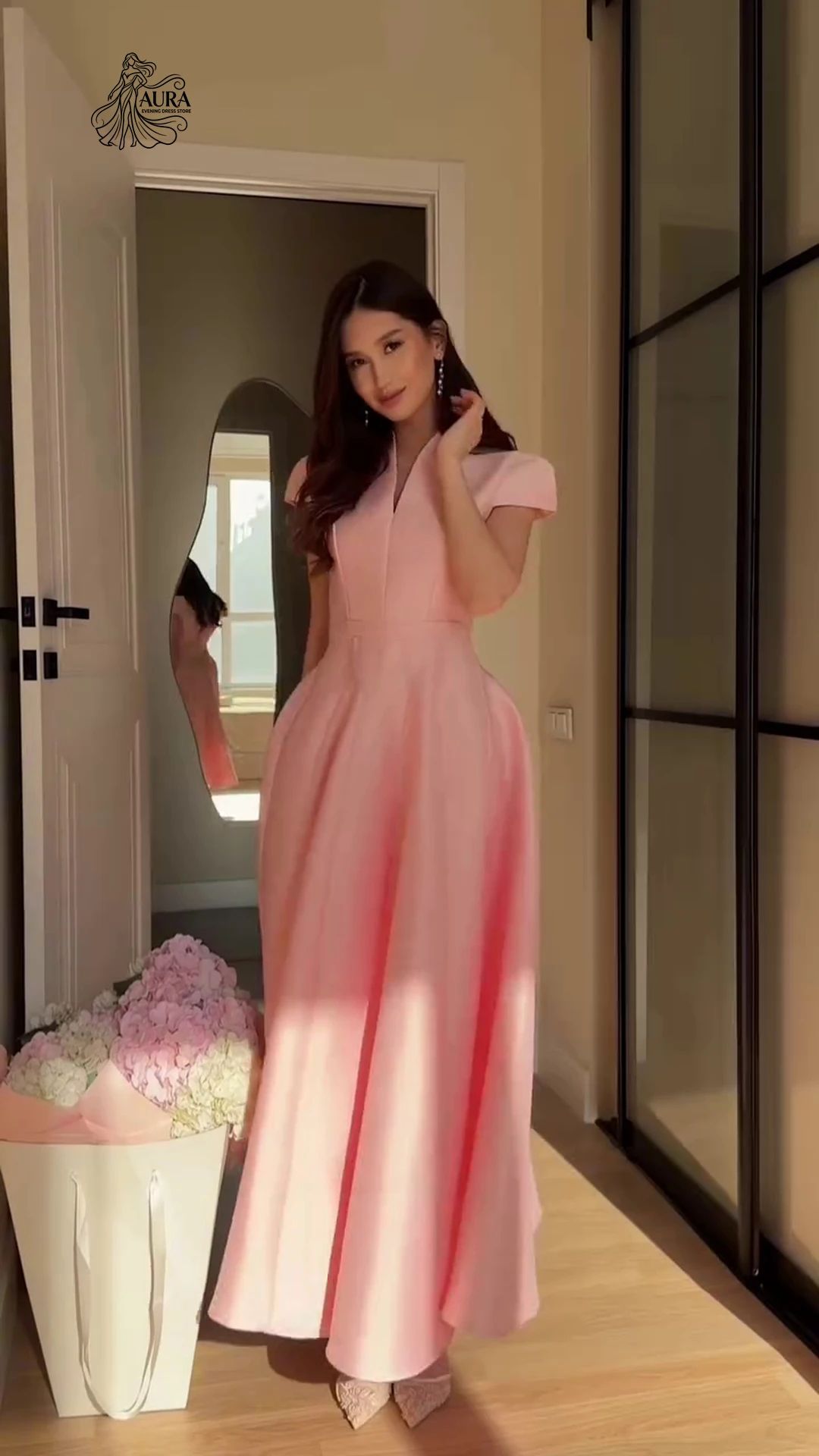 

Aura A Word Evening Dresses Wedding Guest Dress Woman Dresses Elegant Korean Popular Dress V-neck Custom Made Pink Prom Party