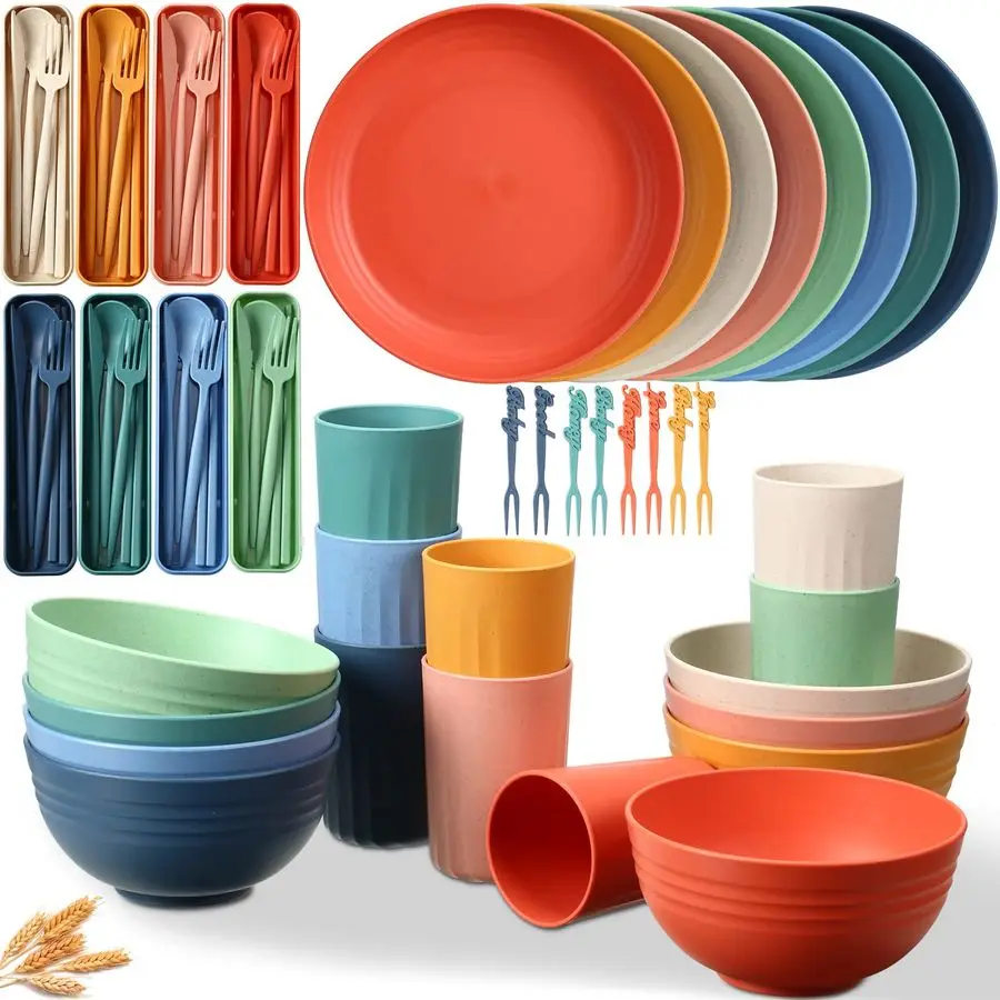 

Pieces Wheat Straw Dinnerware Set Unbreakable Plastic Plate and Bowl Dishes for Kids Travel Picnic Camping Dishes Colorful Dinne