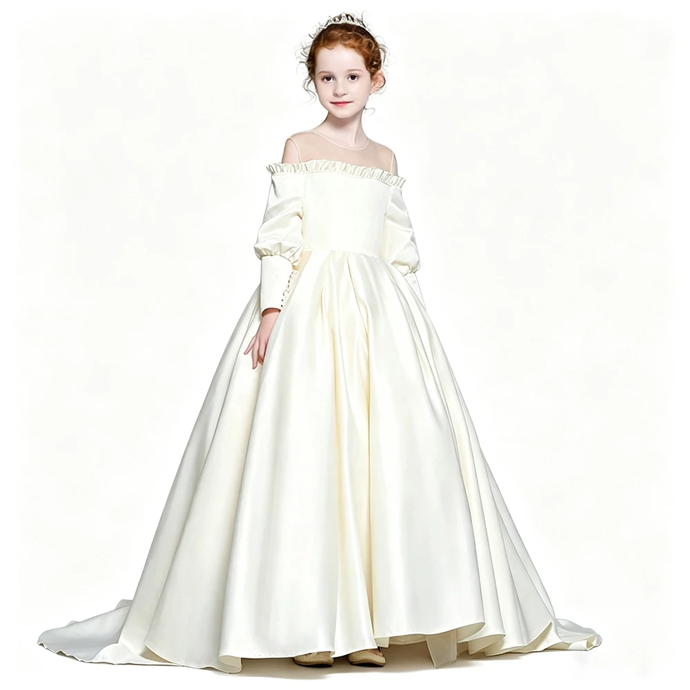 Off Shoulder Long Sleeve Backless Pageant Evening Party Floor Length Dress For Girls Princess Kids Catwalk Model Show Dresses