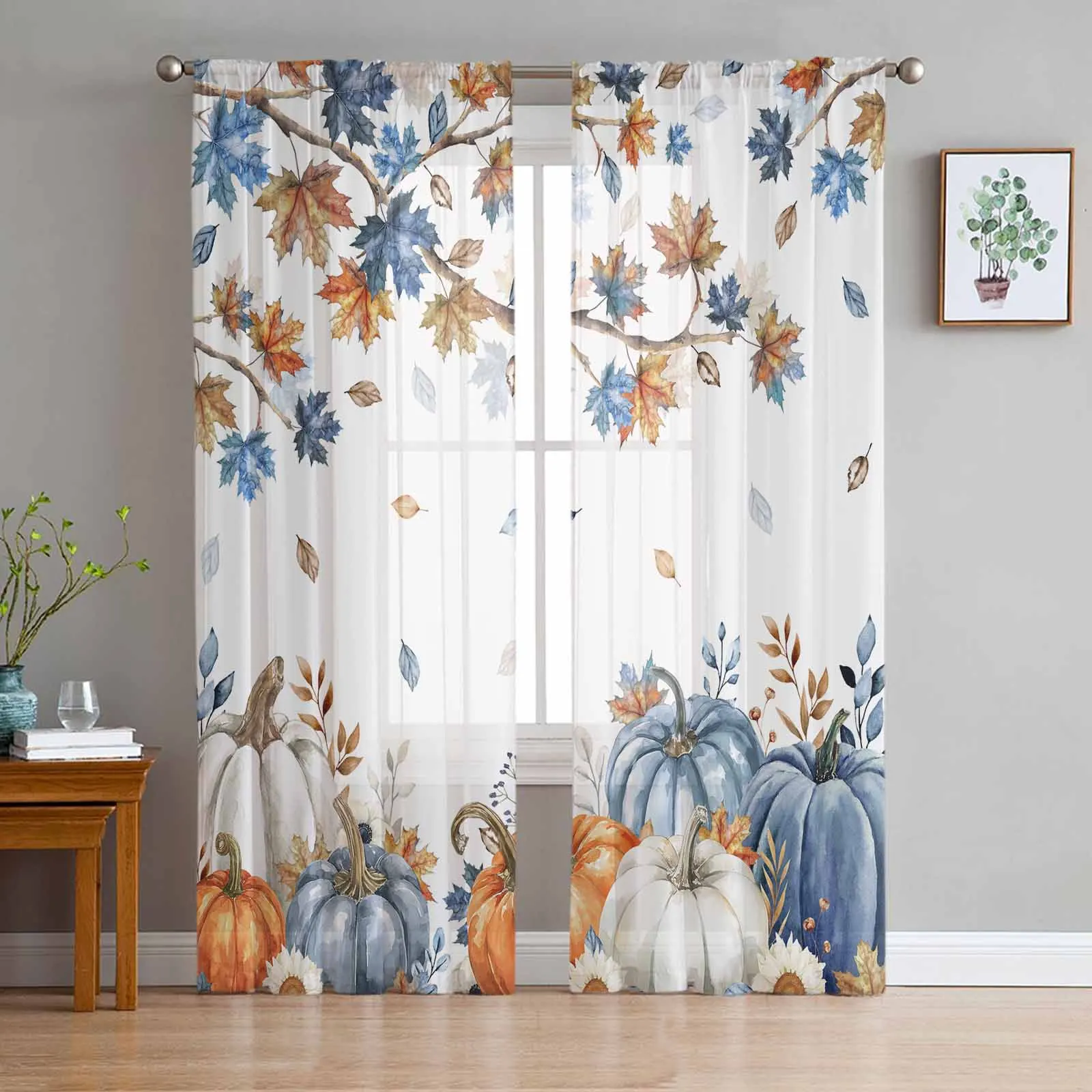 

Thanksgiving Autumn Maple Leaf Pumpkin Curtains For Living Room Bedroom Kitchen Decoration Window Tulle Curtain