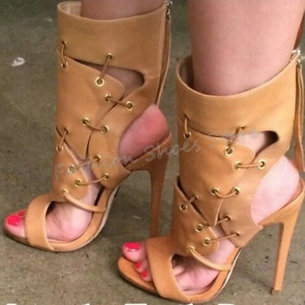 

Apricot Hollow Out Open Toe Sandals Back Zipper Stilettos High Heels High Heel Shoes for Women Heels 2025 New Zapatos Para Mujer
