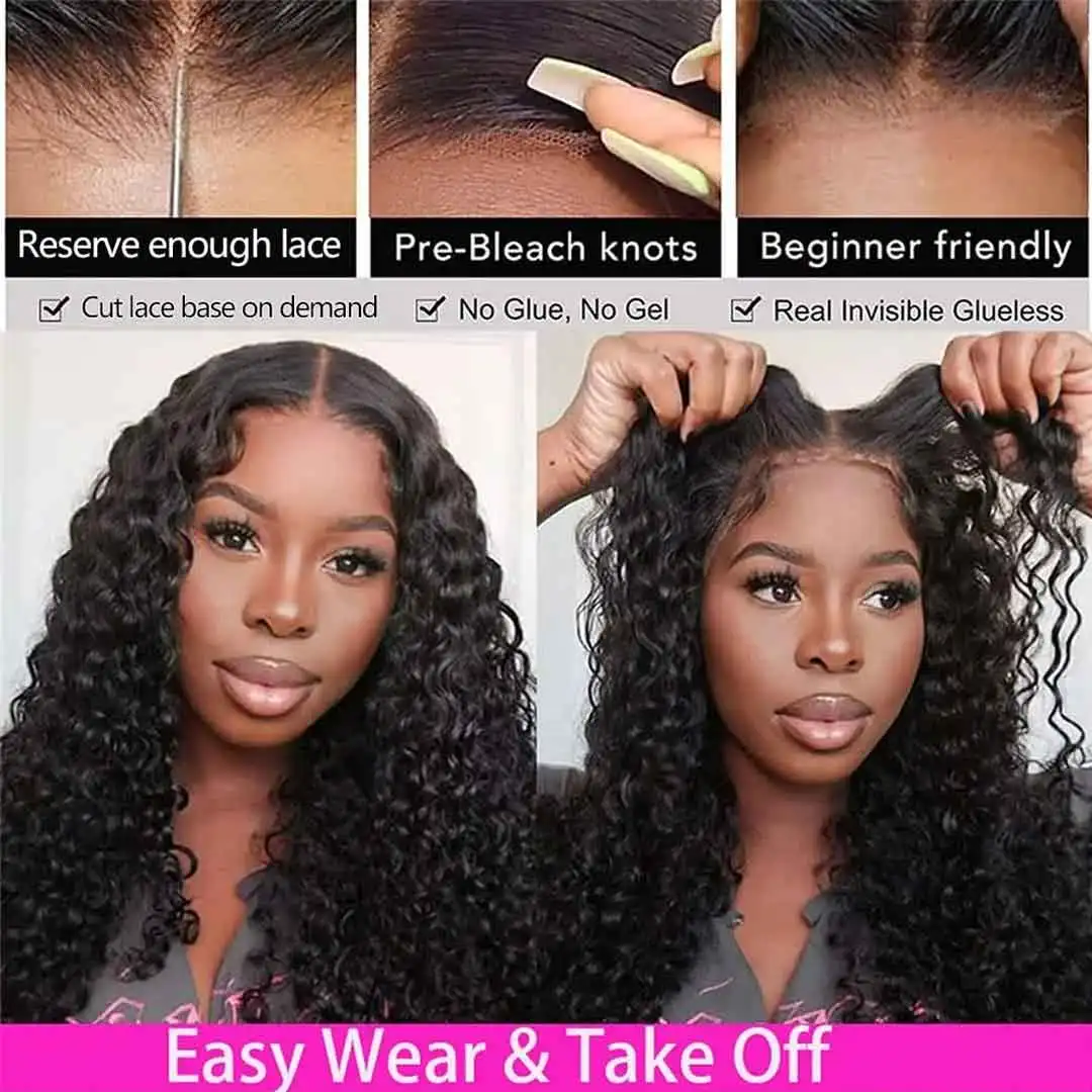 Wig Rambut Asli Tanpa Lem 6x4 Lace Closure Siap Pakai, Wig Rambut Asli Deep Wave Pre Cut Deep Curly Tanpa Lem 5x5 Lace Closure