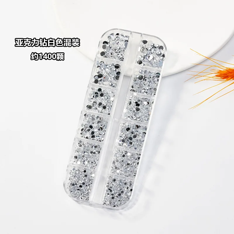 Nail Art Jewelry 12 Grid Acrylic Rhinestone Silver Bottom Transparent White Size Mixed Flat Bottom Diamond AB Color Nail Diamond