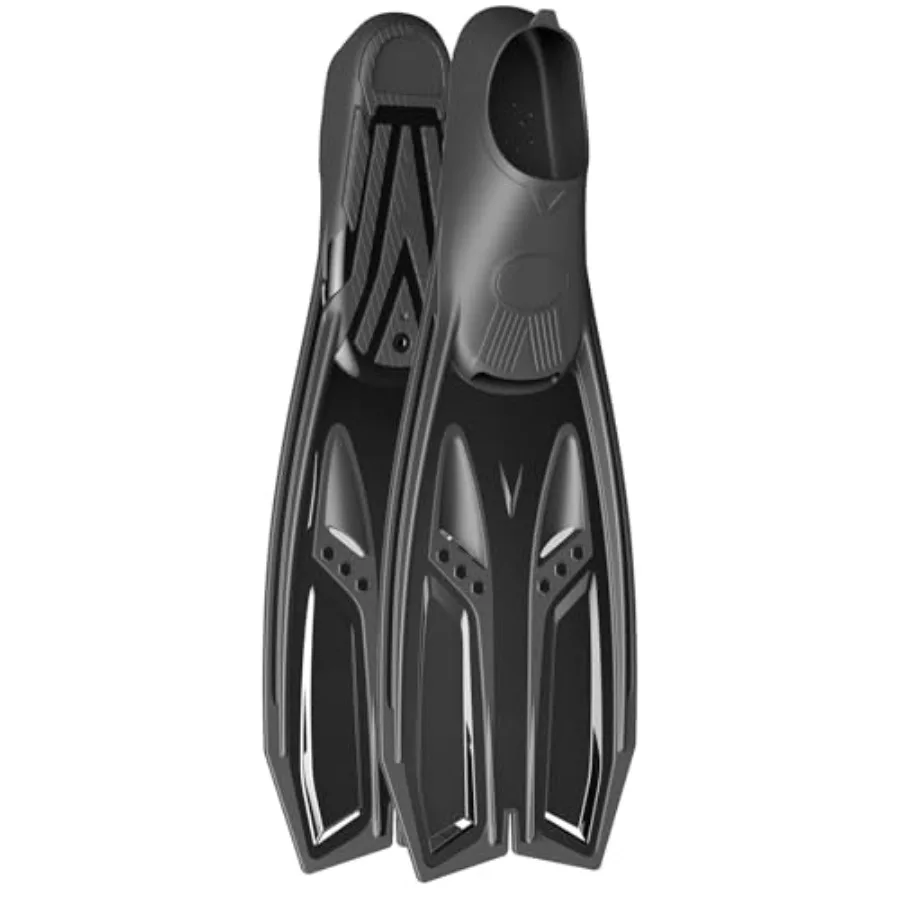 

Snorkeling fins with full foot pocket durable rubber construction black color ergonomic design for efficient propulsion and com