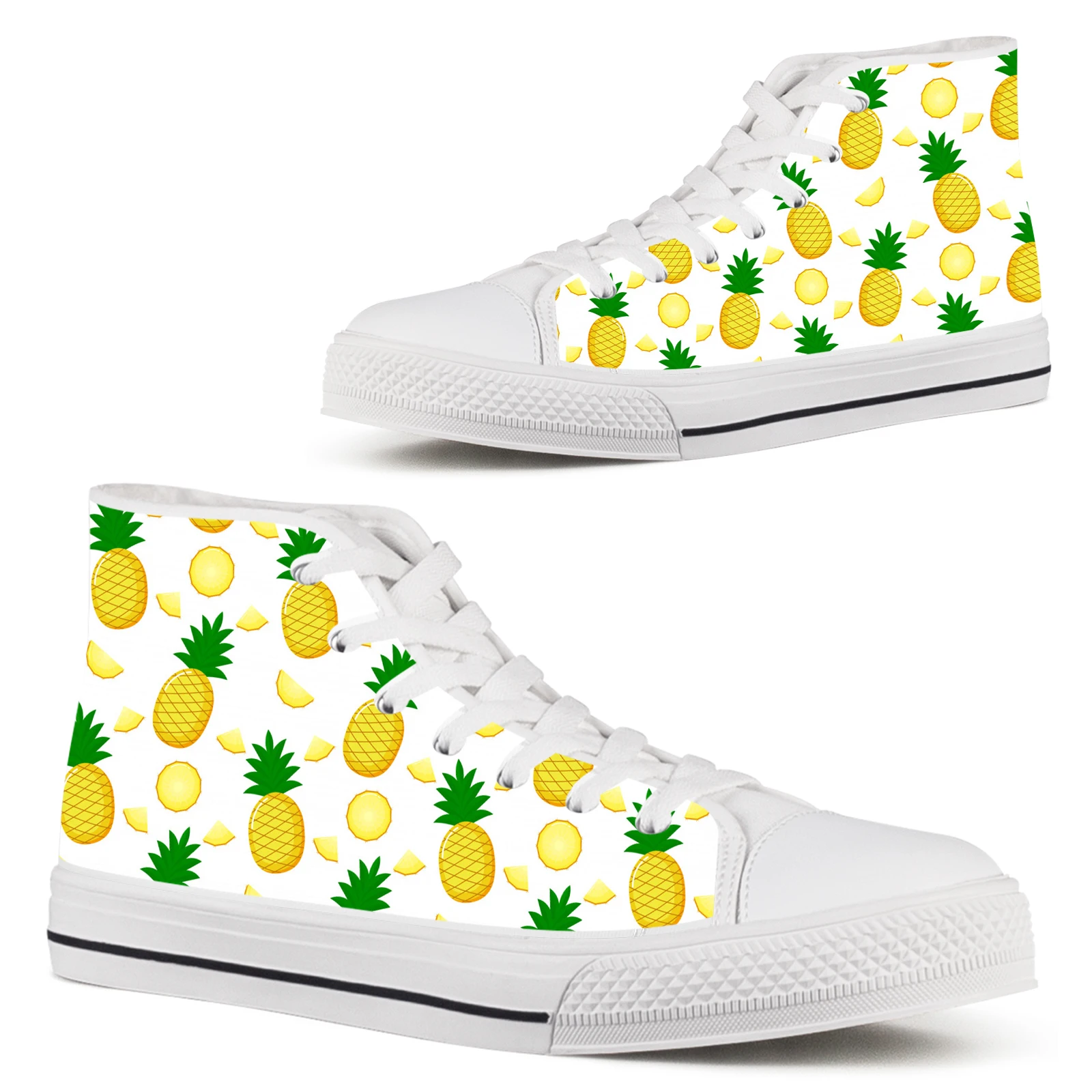 

ELVISWORDS White High-top Women's Shoes Cartoon Pineapple Painted Tropical Fruit Lace-up Shoes Teen Girls Outdoor Travel Shoes