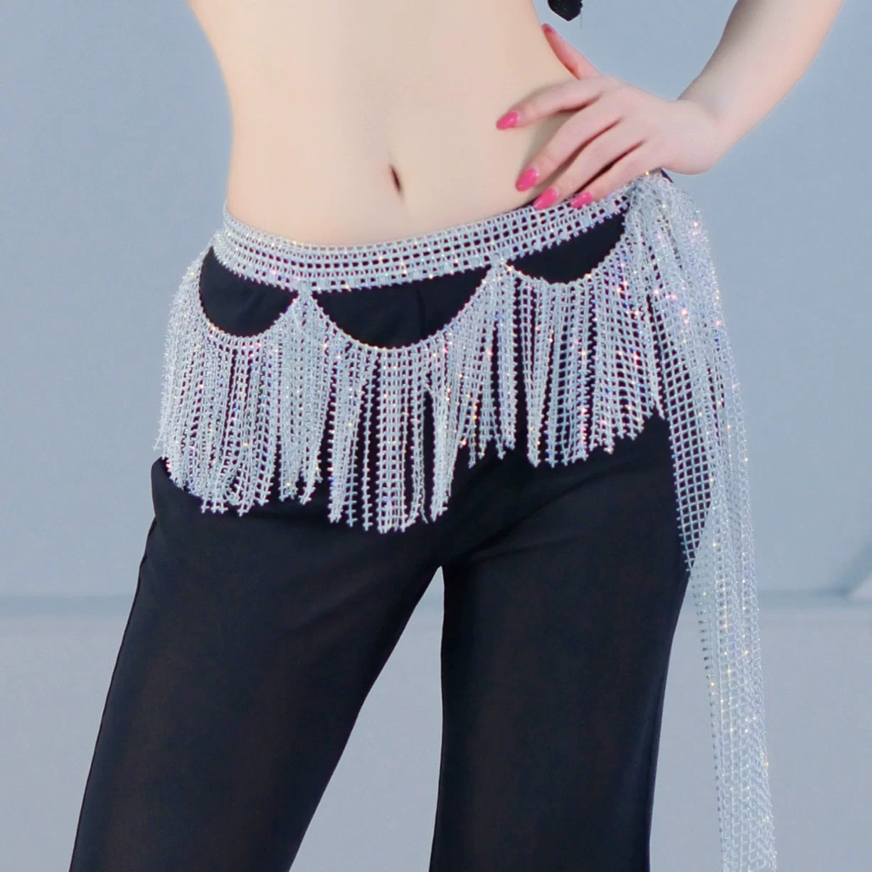 Nowy Błyszczący Szalik do Tańca Brzucha z Frędzlami z Cyrkonii, Luksusowy Łańcuszek na Pas z Falowymi Frędzlami, Damski Pas do Tańca, Szalik do Tańca Brzucha