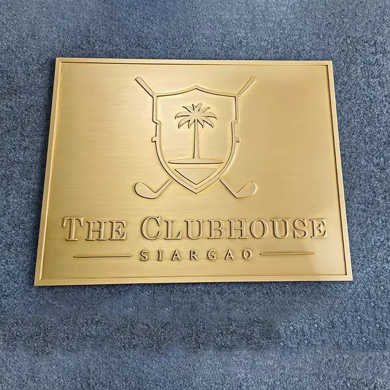 Custom Brushed Gold Brass Plaque Carved Logo Sign Raised Letter Antique Club Hotel Business Name Board Wall Mount