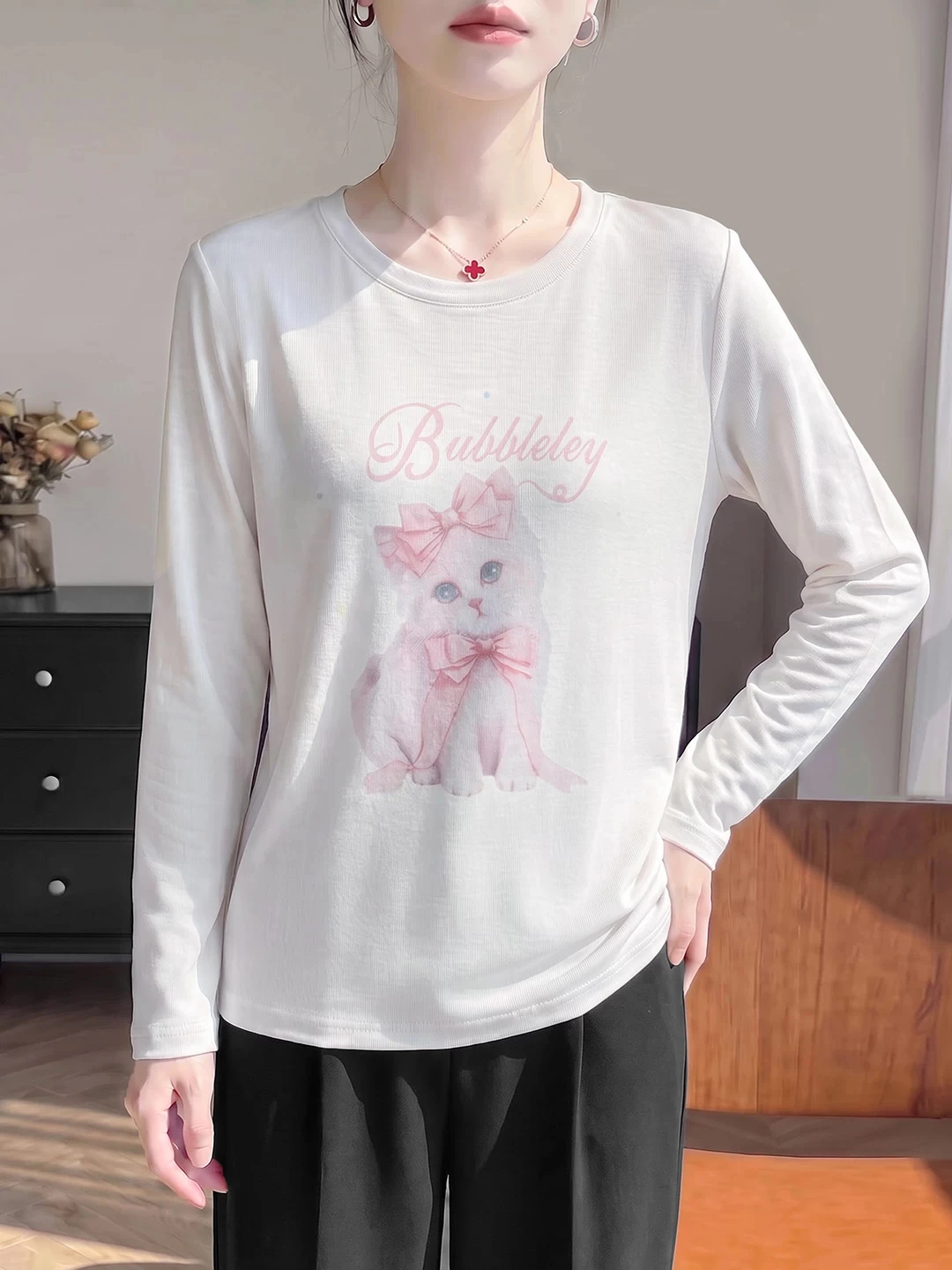 Spring Summer New Korean Style Commute Loose round Neck Design Versatile  Print Sun Protection Long Sleeve T Shirt