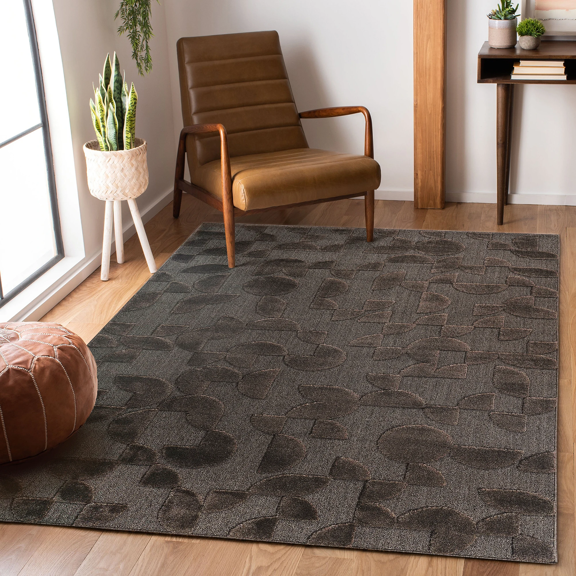 5 ft 3 in X 7 ft 6 in Brown Area Rug, Modern Geometric High-Low Pile Indoor Rug for Living Room and Bedroom