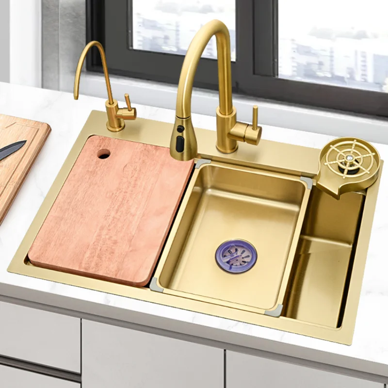 Golden nano 304 stainless steel multi-function kitchen large single-slot household under-table basin sink.