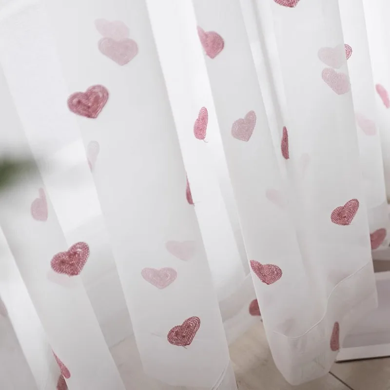 Koreanische Mädchen Sheer Voile Vorhang Rosa Liebe Herz Stickerei Tüll Vorhang Reday Made Fenster Bildschirme Für Wohnzimmer Schlafzimmer