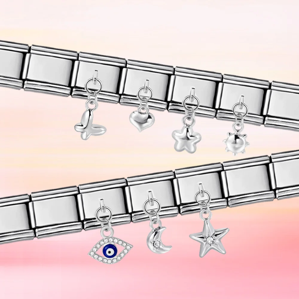 Damen Sonne Mond Stern Blume Schmetterling Anhänger Italienischer Charm Passend für 9mm Edelstahl-Armband DIY Perlen Herrenschmuck – Detail 2