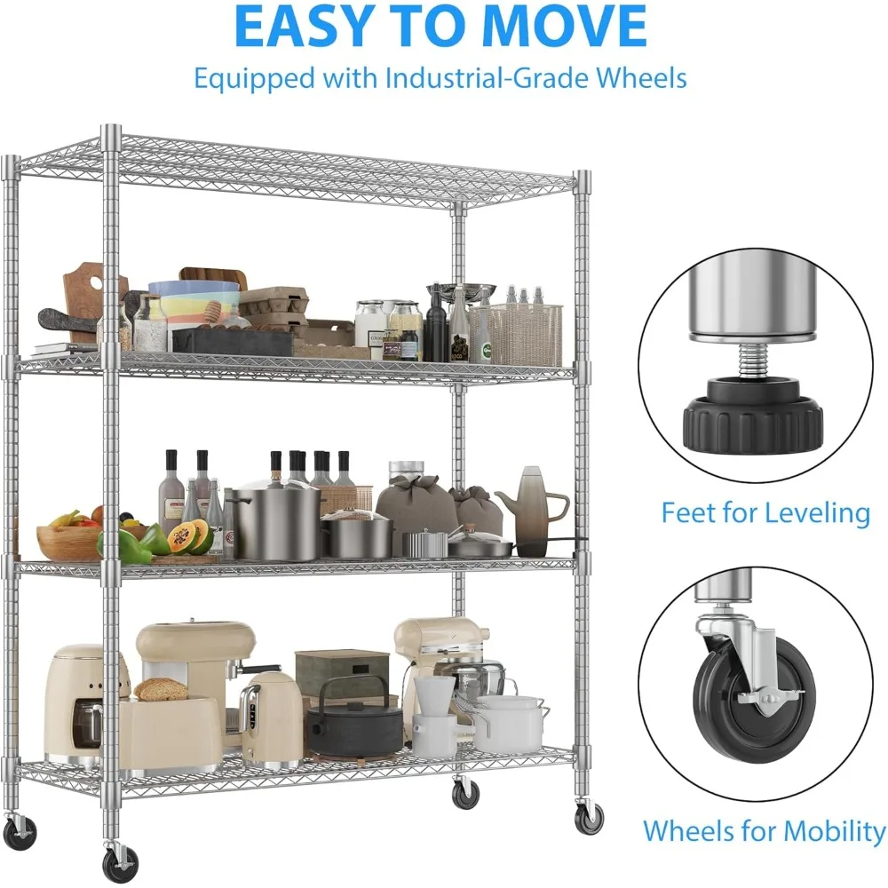 

4-tier heavy duty metal shelves with wheels - 2400lbs commercial adjustable shelves for garage, pantry, kitchen - 24"x60"x72",