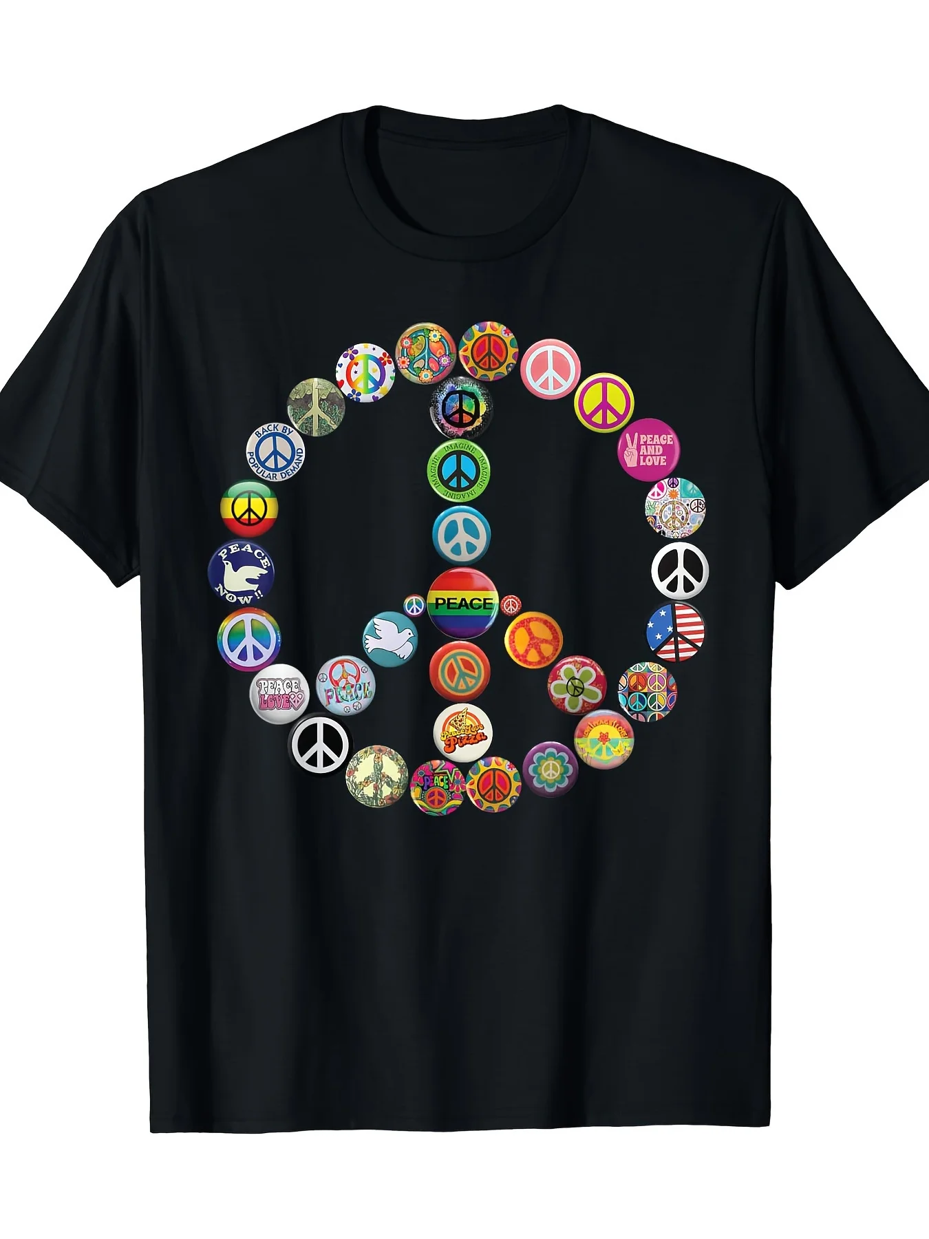 

Men's Vintage 1960s 1970s Hippie T-Shirt - 100% Cotton Retro Peace Sign Button Design with Colorful 60s 70s Symbols (Floral,