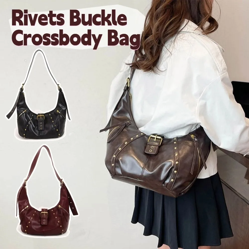 

Oil Wax LeatherRetro American Style Rivets Buckle Crossbody Bag Large Capacity Korean Style Locomotive Style Underarm Bag