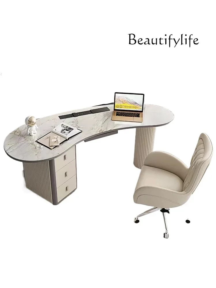 Modern Light Luxury Minimalist Designer Stone Plate Study Table Home Arc Shaped Office Computer Desk