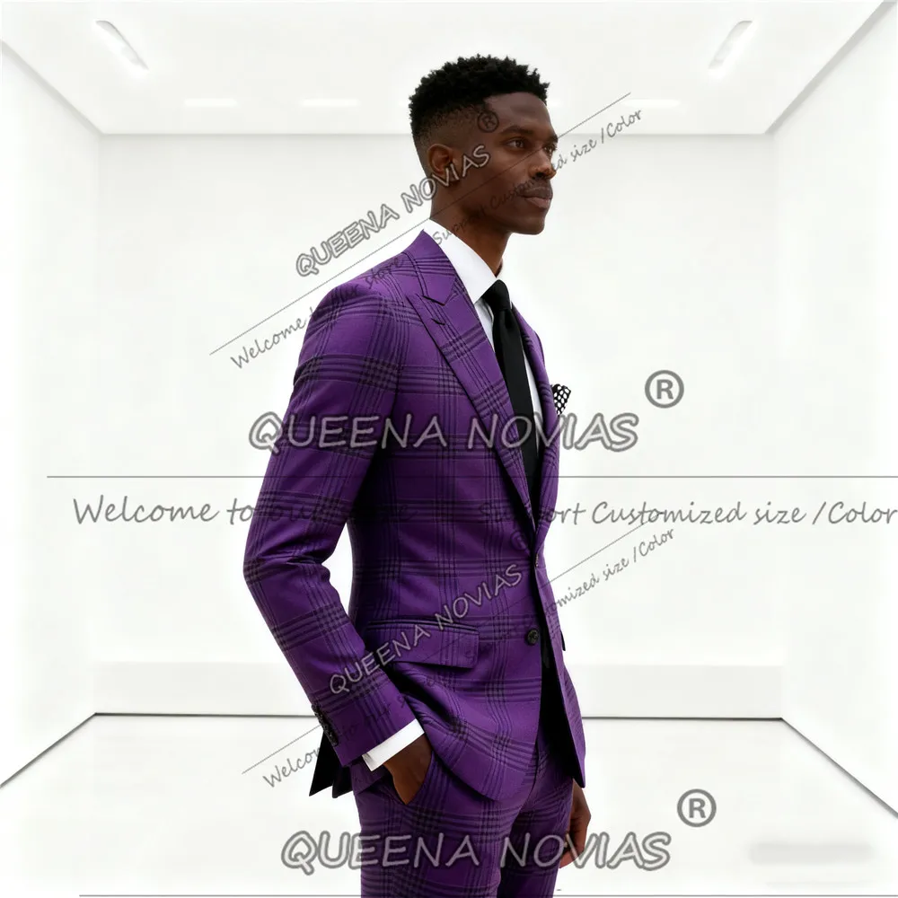 

Purple Plaid Checks Suit Men 2 Piece Ser Single Breasted jacket Pants Customized Man Business Party Attire Smart Casual Tuxedos