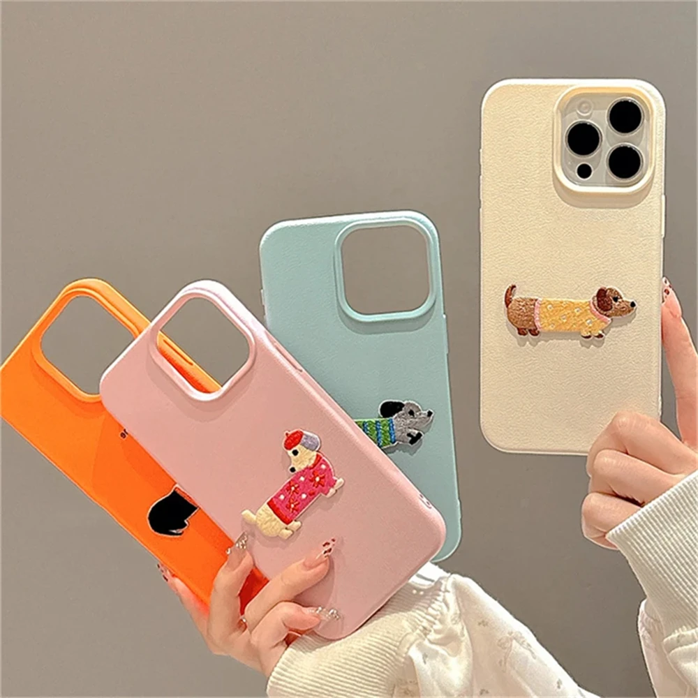 Korean Cute Cartoon Embroidered Puppy Litchi Pattern PU Leather Case For iPhone 16 15 11 Pro Max 14 Plus 13 Mini 12 X XR Cover